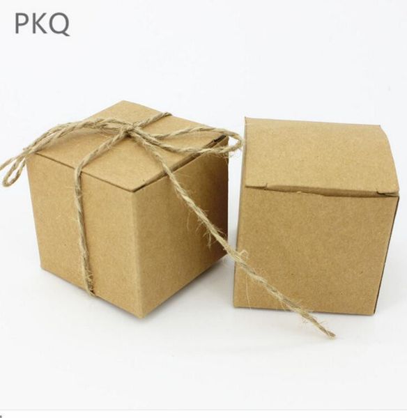 

200pcs 5*5*5cm vintagev kraft paper candy box with burlap twine wedding favors gifts bag party christmas box