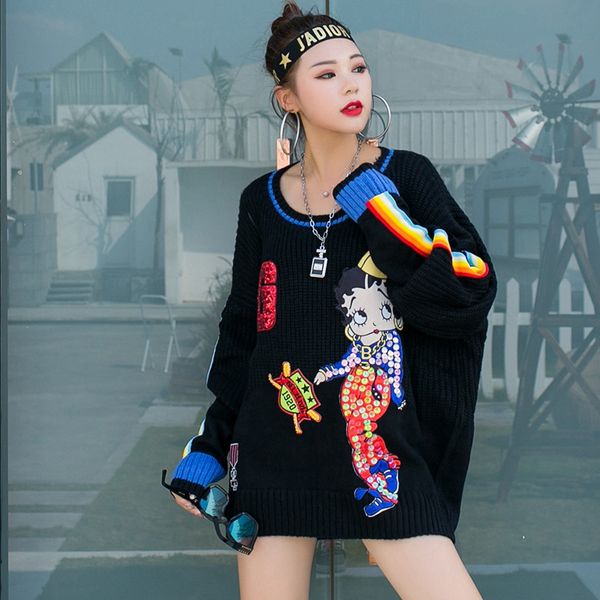 

sexemara fashion the new loose patch printing cartoon sequin knitting sweater ing, White;black