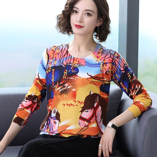 

yisu autumn winter new knitted sweaters fashion cartoon horse pattern printed pullover o-neck long sleeve sweater women, White;black