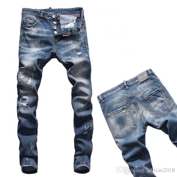 

новый 2019 человек рваные джинсовые разрывая джинсы синий хлопок моды tight весна осень мужские брюки a8007, Blue
