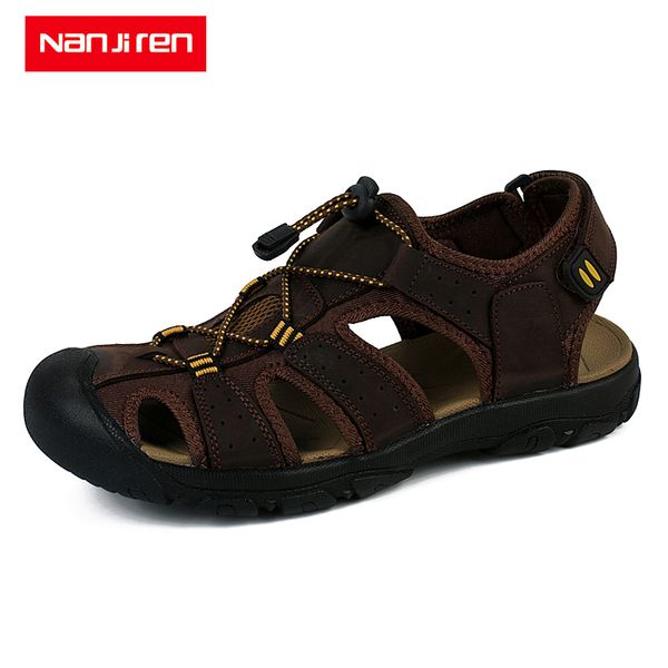 

nanjiren men's shoes genuine leather men sandals summer beach sandals man fashion outdoor casual sneakers, Black