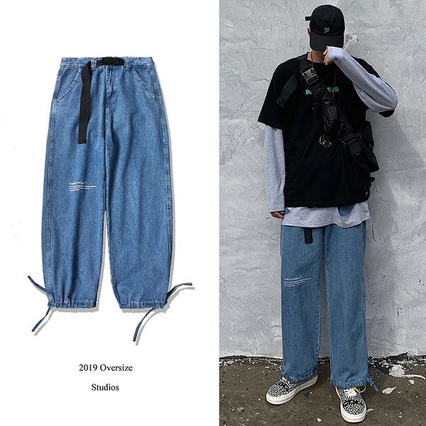 

2019 men's letter printing baggy homme banded casual pants classic cargo pocket jeans blue biker denim leisure trousers -2xl