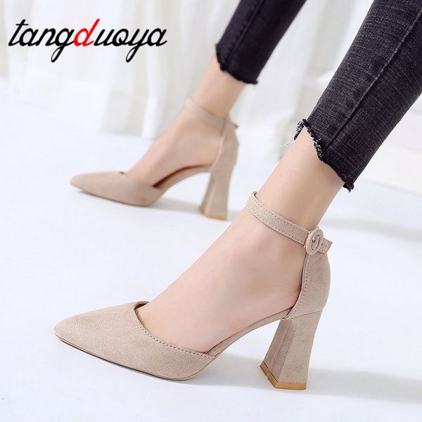 

spring wild female sandals shoes high heels apricot buckle hollow sandals thick with pointed shoes women high heel luxury, Black