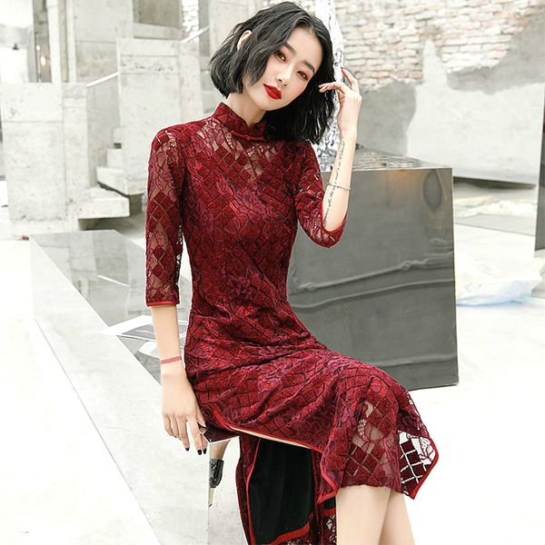 

sheng coco hollow lace ladies cheongsam chinese traditional costume wedding bride toast clothing long qipao dress vestido chines, Red