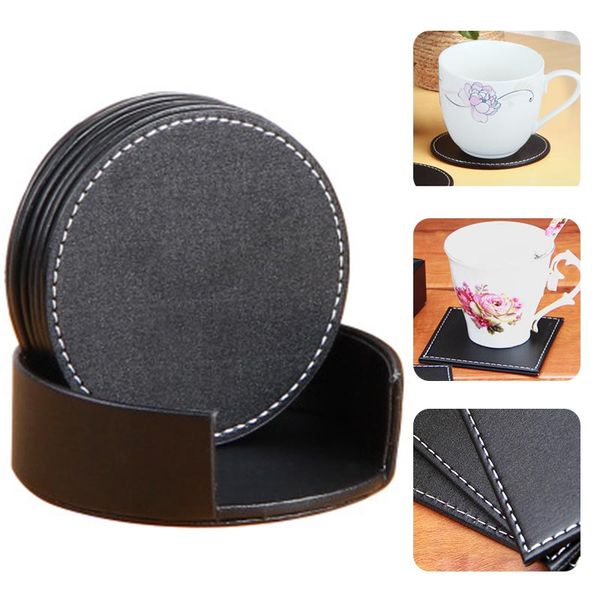 

newly 6pcs pu leather coasters heat isolated waterproof coasters for table home te889