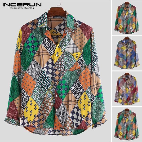 

vintage printed men shirt long sleeve lapel collar streetwear ethnic style chic casual brand shirts men camisa 2019 incerun, White;black