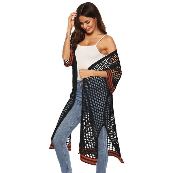 

2019 plus size mesh coat summer style fashion women clothing black plaid loose half sleeve lady long mesh cardigan jacket z0715, Black;brown