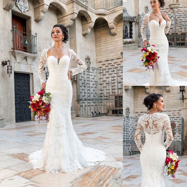 

beach mermaid wedding dresses scoop neck lace appliqued long sleeve bridal gowns sweep train zpper back wedding dress, White
