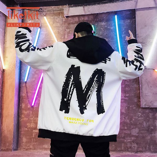 

liketkit мужские японские куртки с капюшоном уличная 2019 осень mens hip hop письмо печать повседневный ветровка harajuku куртки, ветровки, Black;brown