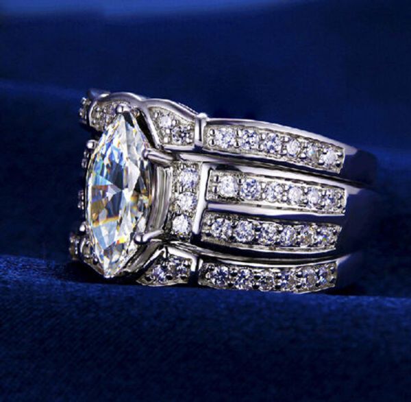 

wholesale- retro jewelry 14kt white gold filled z pear cut simulated diamond women wedding ring set (3in 1) gift with box, Silver