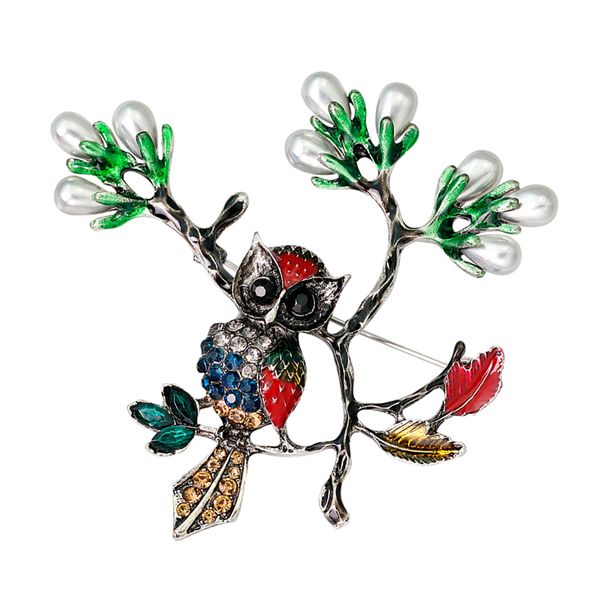 

vintage rhinestone owl bird animal brooch simulated pearls enamel branch pin, Gray