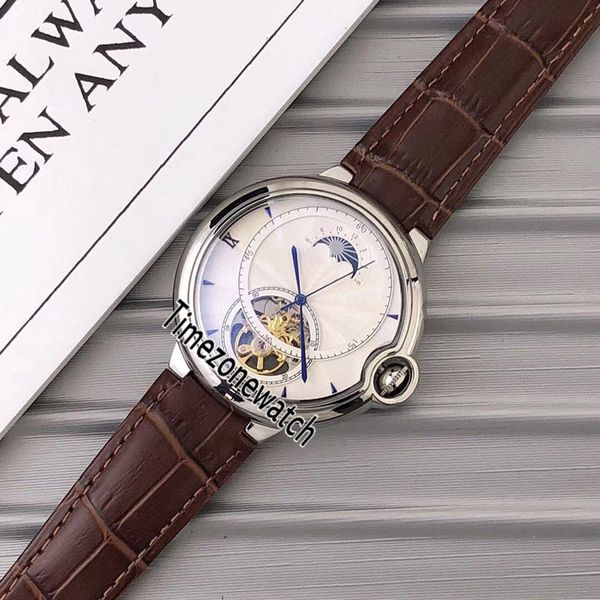 

new 42mm steel case white dial moon phase automatic tourbillon mens watch brown leather strap 4 colors sports watches timezonewatch e09a1, Slivery;brown