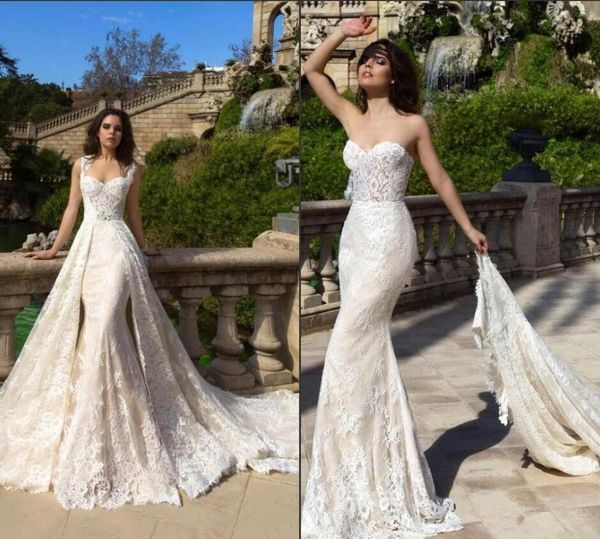 2019 Zarte französische Spitze Vestido De Novia Meerjungfrau Brautkleider mit abnehmbaren Schleppeträgern Schatz Vintage Robe de Mariage