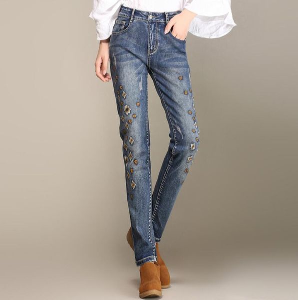

2019 autumn women harem pants female casual loose embroidered flowers jeans plus size 26-40 r1753, Blue