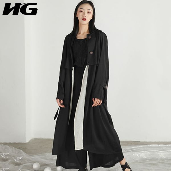 

hg] korea fashion female spring summer 2019 new coat full sleeve solid color stand collar single breasted split trench wbb2762, Tan;black