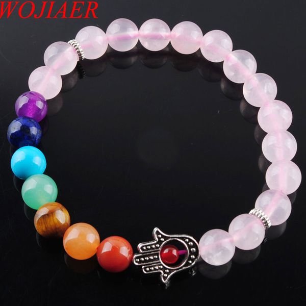 

wojiaer 8mm natural rose quartz stone round beads palm strands bracelets 7 chakra healing mala meditation prayer yoga women jewelry k3259, Black