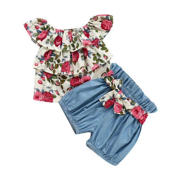 

girl clothes summer newborn kid baby girl clothes fly sleeve floral print bow shorts 2pcs outfits us, White