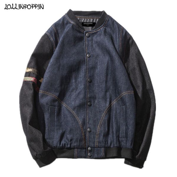 

мужчины denim baseball jacket япония стиль 2020 весна осень рукавом камуфляж stripes мужские куртки jean vintage denim пальто, Black;brown