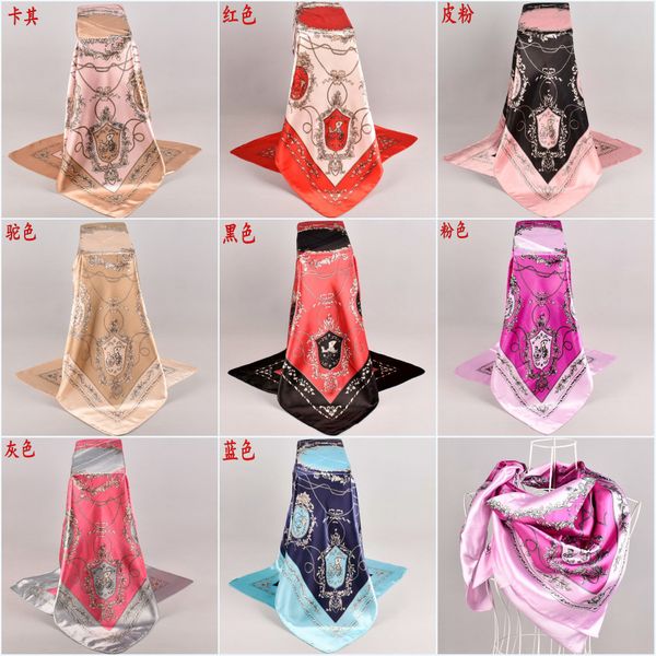 

brand new 4 seasons wild fashion grid chain carriage simulation silk satin square 90 * 90com ing, Blue;gray