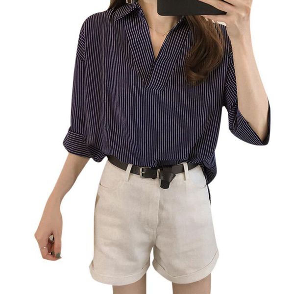 

new three quarter sleeves casual striped women blouses shirts fashion loose v-neck shirt female clothing blusas, White