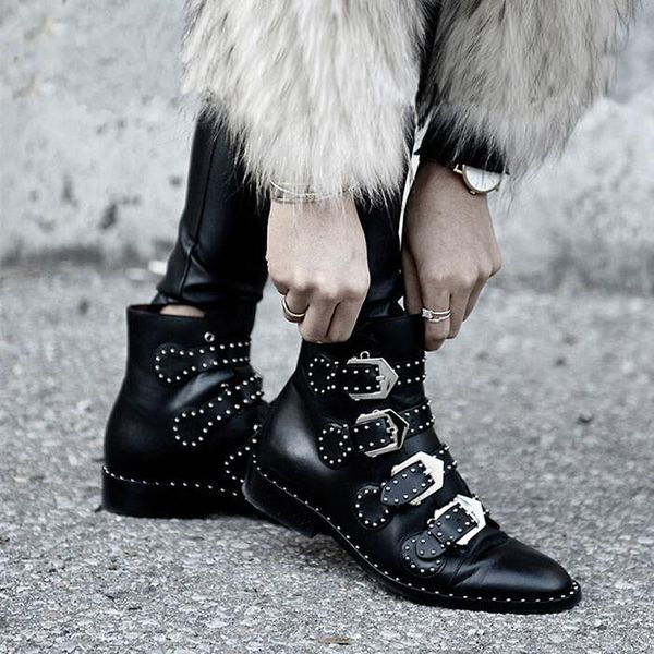 

rivets faux leather booties buckle straps thick heel ankle women boots studded decorated woman boots motorcycle female botas zapatos mujer, Black