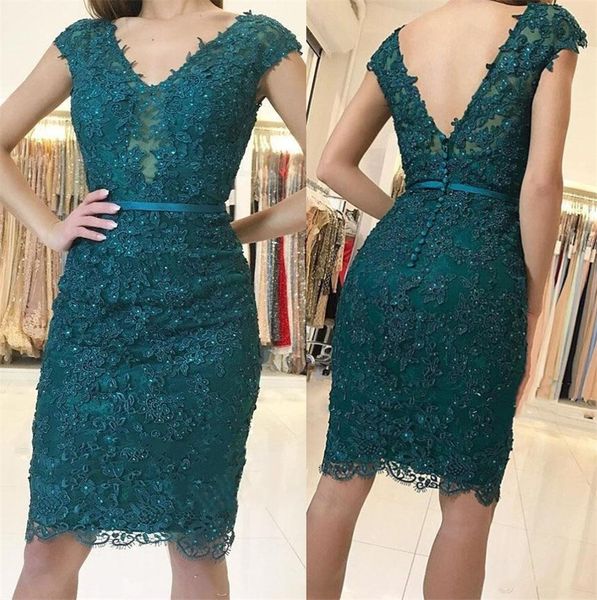 

gorgeous lace mother of the bride dresses knee length beading formal short party dress modest v neck cap sleeves mother gown, Black;red