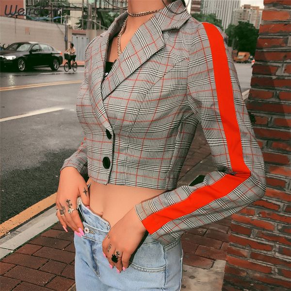 

weirdgirl women casual coat button full sleeve plaid jacket crop turn-down collor fashion female outwear new autumn 2019, Black;brown