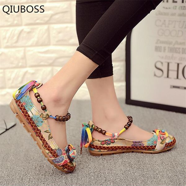 

qiuboss casual shoes women flat shoes handmade beaded ankle straps loafers zapatos mujer ethnic embroidered q299, Black