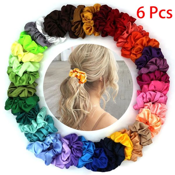 

6 шт. модные женские шелковые твердые резинки эластичные атласные hairbands девушки волосы галстук волос веревка аксессуары для волос (случа