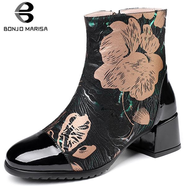 

bonjomarisa new brand patchwork patent genuine leather ankle boots women 2019 fashion flower print boots med heels shoes woman, Black