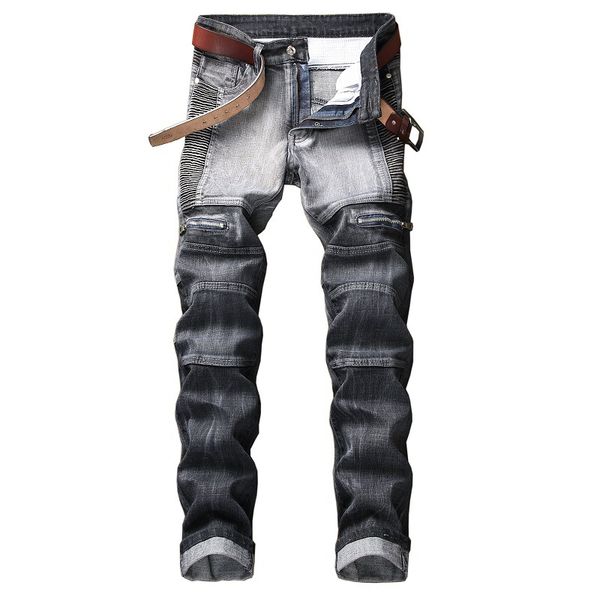 

2019 designer street fashion men jeans hip hop stylish patchwork color long denim pants knee zipper design jeans wholesale, Blue