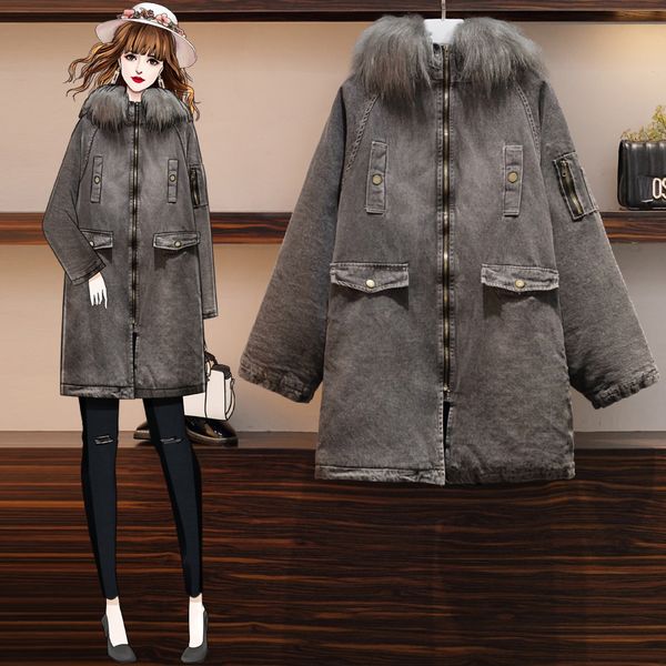 

4xl winter fur parka denim jacket woman hooded coat long jacket women faux fur lined with warm woman coat, Black