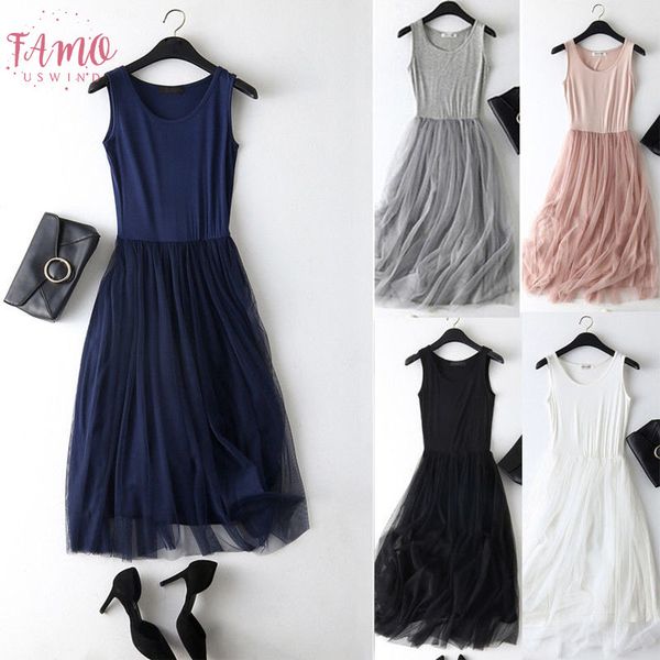 

women ladies summer patchwork mesh party dress casual sleeveless ball gown tulle tutu long dress, Black;gray