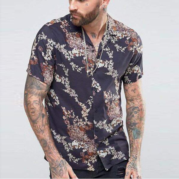 

2019 new men's slim fit gold flower printed shirts male short sleeve floral shirt men basic casual shirts plus size s-2xl, White;black