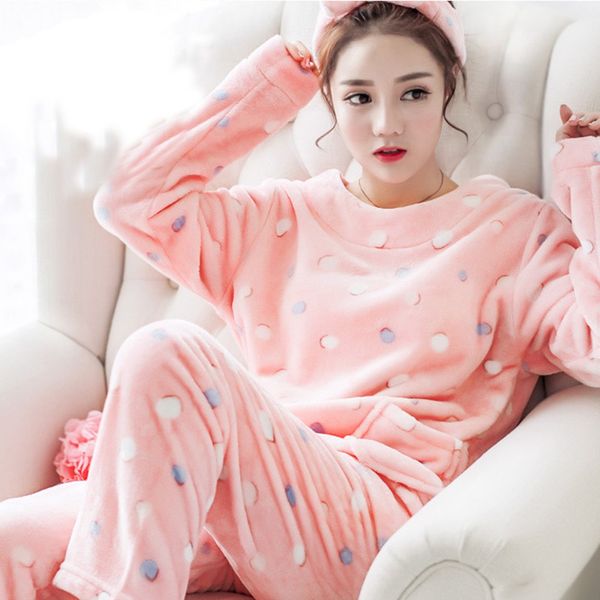 

women warm pajama sets casual sweet pink polka dots plain female fashion simple flannel winter suits pants cute sleepwear, Blue;gray