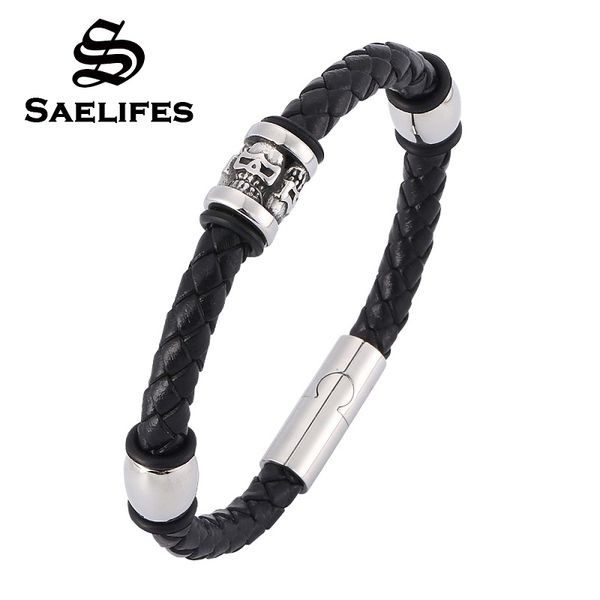 

new black leather woven bracelet men women jewelry punk skull beads stainless steel magnetic buckle braided bracelets gifts 0412, Golden;silver