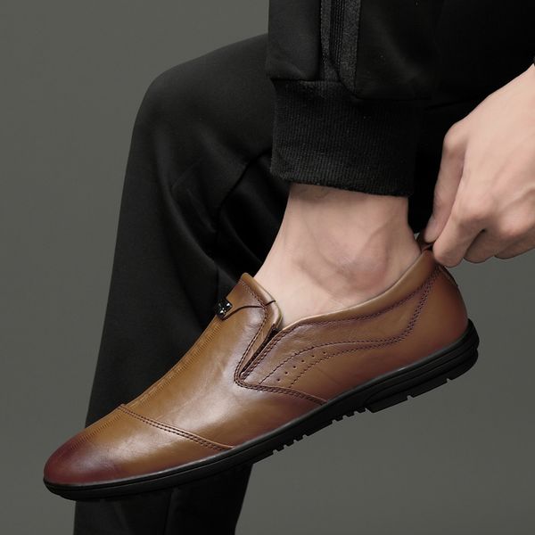 

men casual driving flats genuine leather men shoes, sping autumn business fashion casual shoes, brand shoes, Black