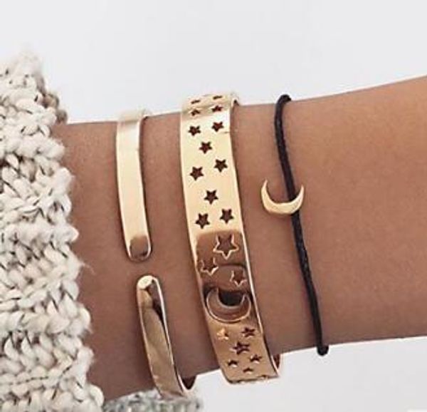 

3 pcs/set punk hollow moon star bangle gold silver bracelets leather chain pendant bracelet female charm multilayer cuff jewelry, Black