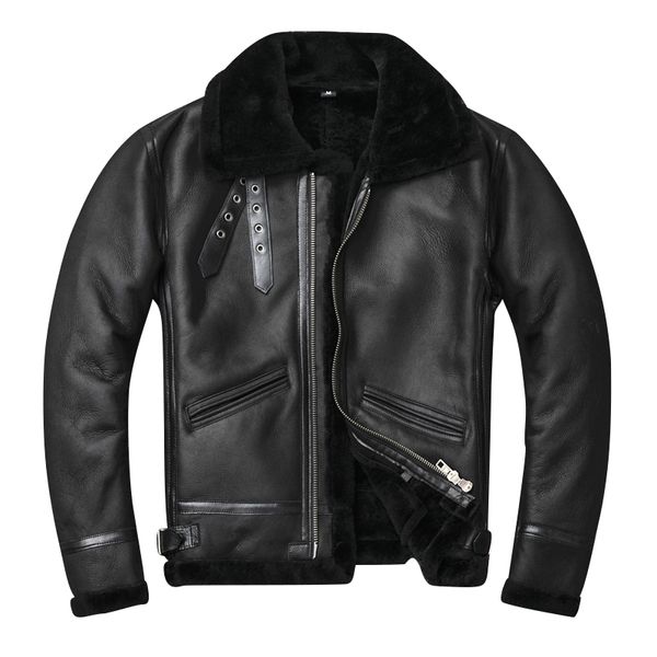 

men's leather & faux 2021 black men american style b3 pilot jacket plus size xxxxl genuine thick winter natural shearling coat