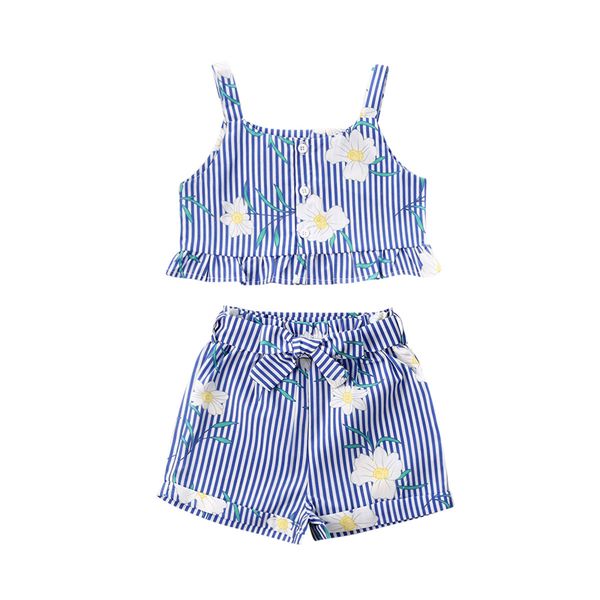 

pudcoco summer newborn set child girl set children floral stripe sleeveless t-shirt bow shorts clothes 1-6t, White
