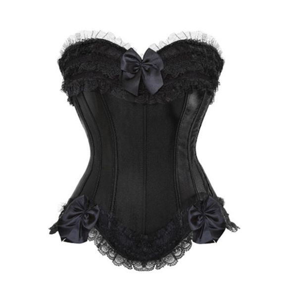 

satin lace overlay overbust corset zipper side bowknot decorated clubwear showgirl body shaper plus size s-6xl, Black;white