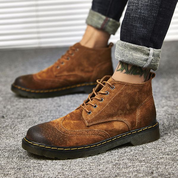 

men big size 46 gradient suede leather men's winter boots cutout print stitching ankle boots men cow winter shoes high quality, Black