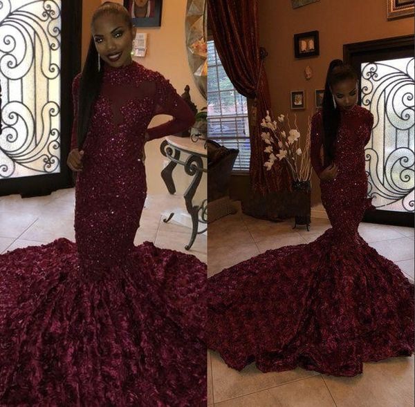 

Burgundy Sexy Lace Black Girls Mermaid Prom Dresses 2019 High Neck Long Sleeve 3D Floral Rose Train Party Occasion Evening Gowns