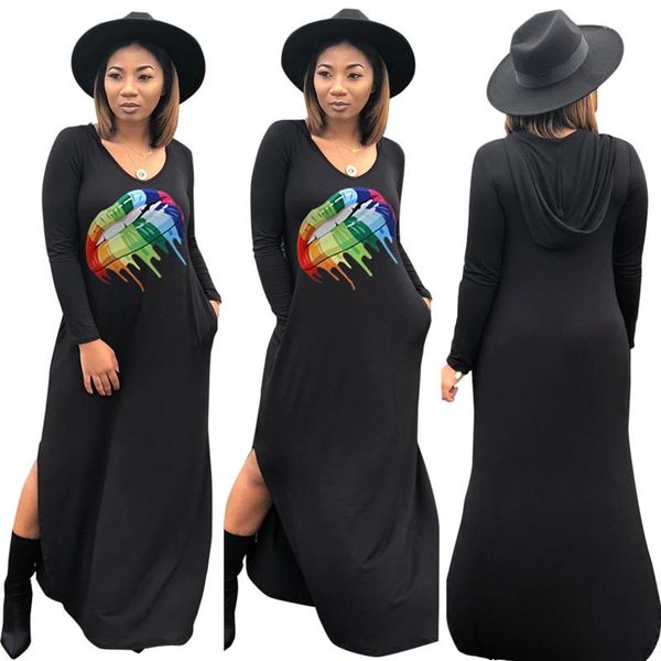 

women designer casual dress spring hooded colorful lip printed long dresses autumn new, Black;gray