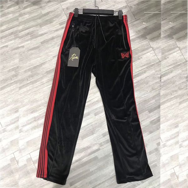 

hip hop awge needles sweatpants drawstring joggers butterfly embroidery ribbon striped velvet needles awge sweatpants trousers, Black