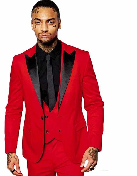 Slim Fit Red Groom Smoking Black Peak lapela Groomsmen Mens vestido de casamento Excelente homem jaqueta Blazer 3 Piece Suit (Jacket + Pants + colete + gravata) 1663