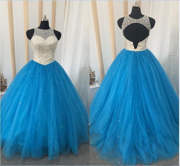 

real image prom quinceanera dresses beaded crystal bateau keyhole open back tulle ball gown vestidos de festia sweet 16 dress evening gowns, Blue;red