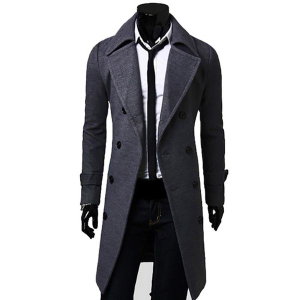 

2019 men winter warm trench woolen coat slim fit casual reefer jackets solid stand collar double breasted peacoat parka, Black