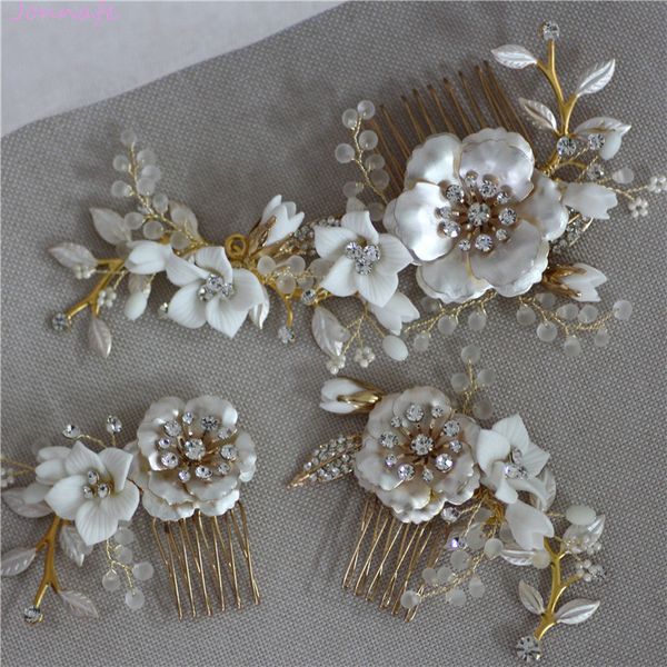 

jonnafe gold color wedding hair comb pins delicate porcelain flower bridal headpiece women prom hair accessories, Golden;white