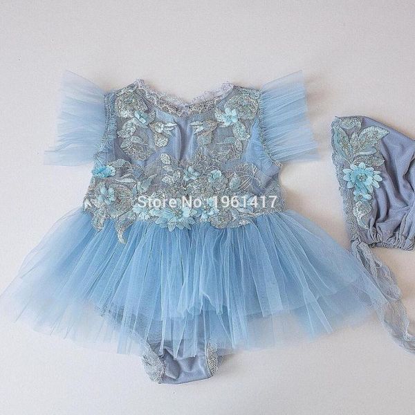 

2 pieces baby girls romper+hat children's lace romper new born princess pgraphy props 0-12m sls0013, Blue